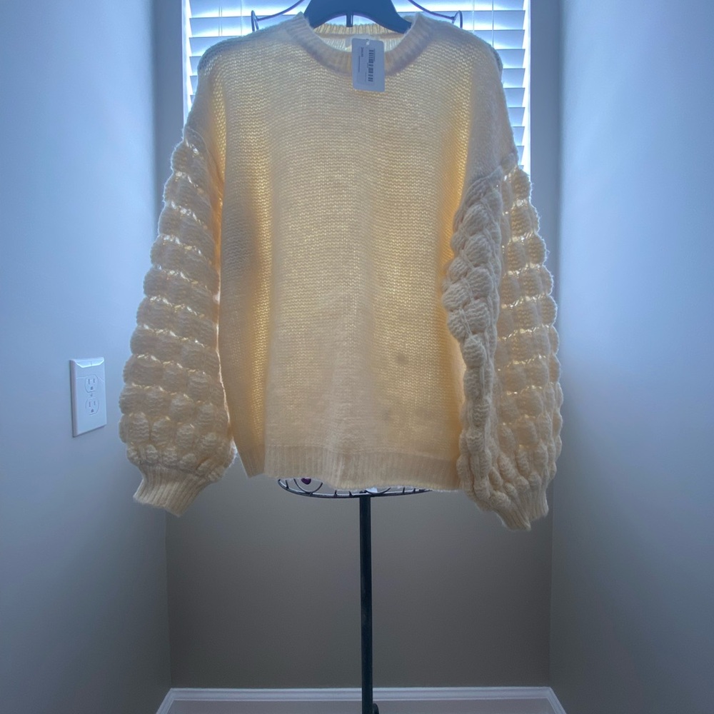 Cream Knit Sweater with Textured Sleeves